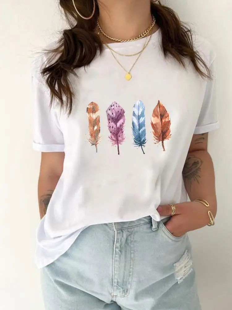 

Feather Watercolor Trend 90s Print T-shirt Top Women Fashion Casual Clothing Female Graphic T Shirt Short Sleeve Tee