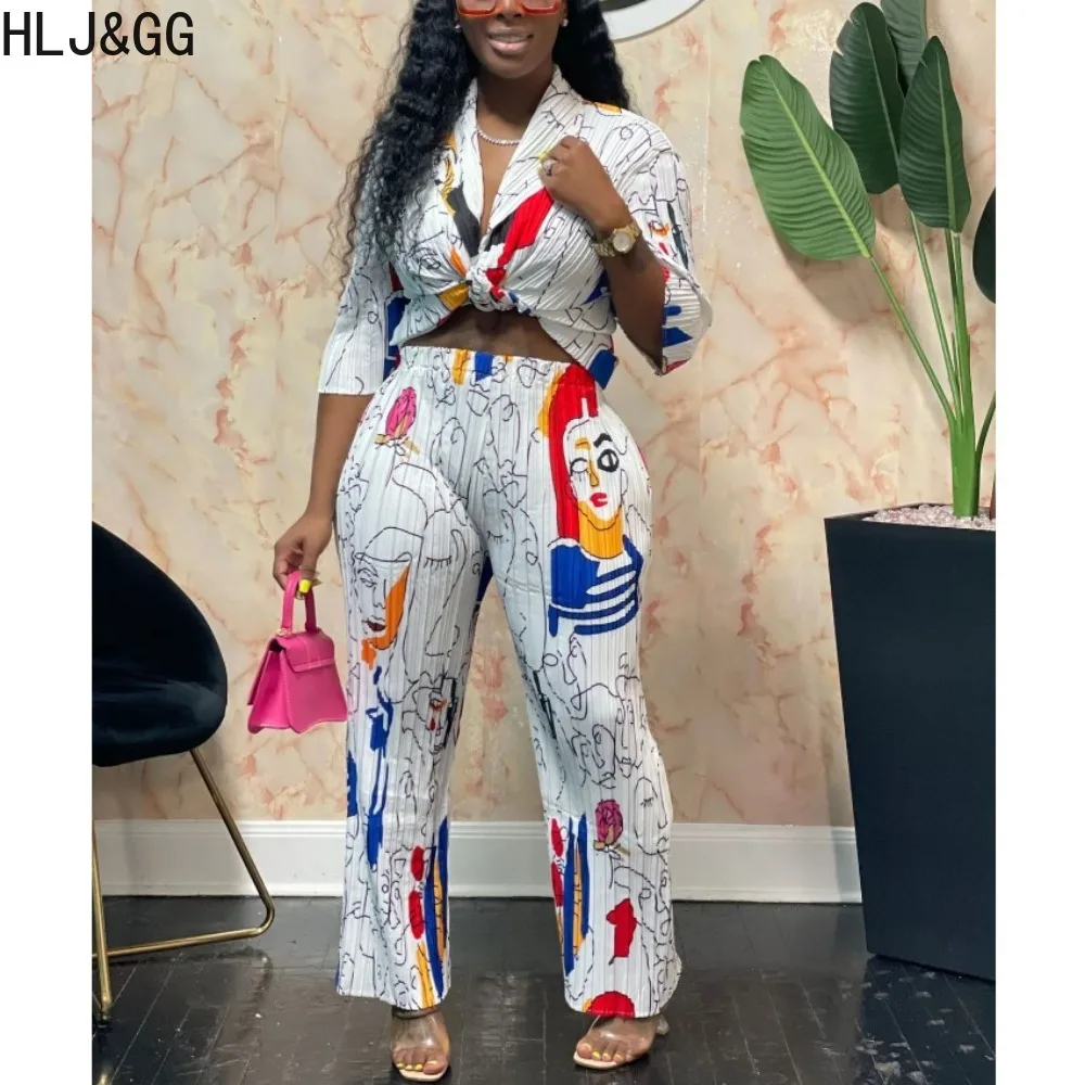 HLJ&GG White Casual Printing Two Piece Sets Women V Neck Long Sleeve Crop Top And Straight Pants Outfits Fashion Ruched Clothing 2023 summer women s maternity nursing tops casual short sleeve side ruched pregnancy breastfeeding shirt solid pregnant top