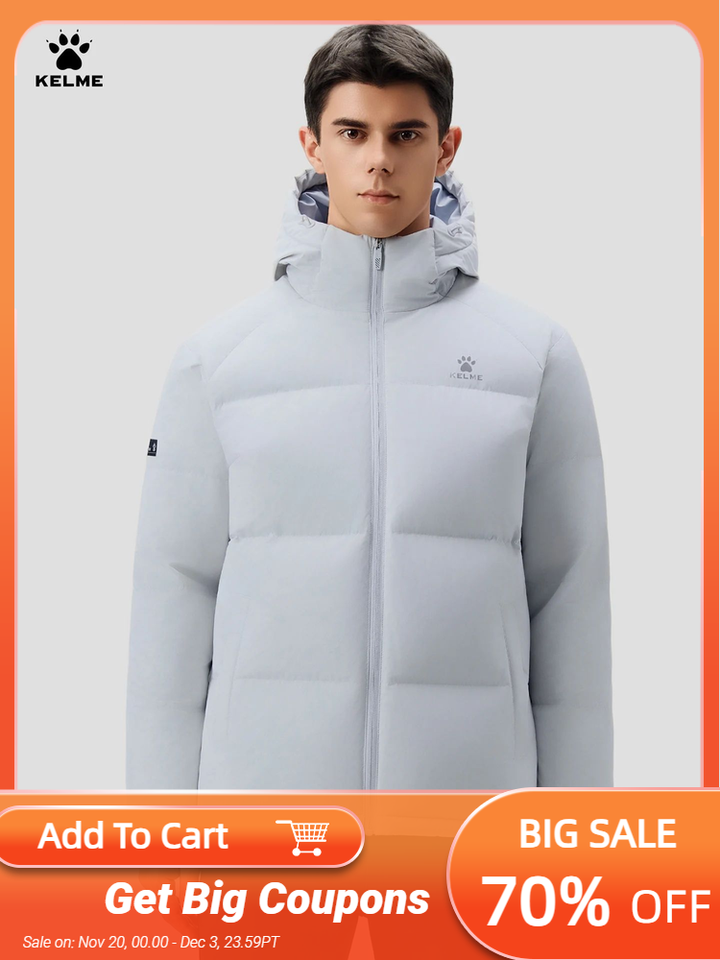 Kelme Men's Outdoor Down Jacket With Graphene Hooded Windbreaker Duck Down Insulated Fashionable Puffer Jacket