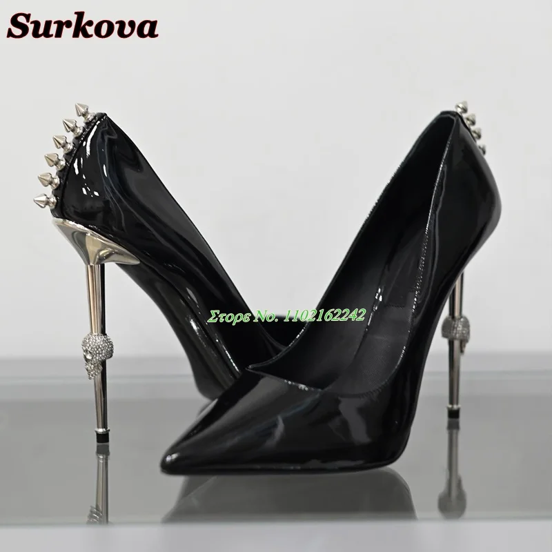 

Sexy Black Metal Heels Pumps Pointed Toe Stiletto Heels Rivets Shallow High Heels Banquet Party T Stage Catwalk Women'S Shoes 43