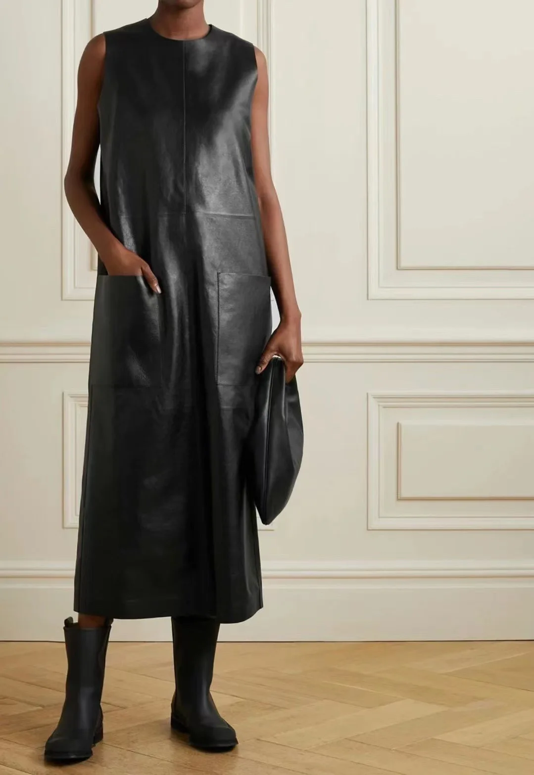 

2023The Row Spring European and American Style Fashion Minimalist Vest Dress Minimalist Senior Sleeveless Tank Top Leather Skirt