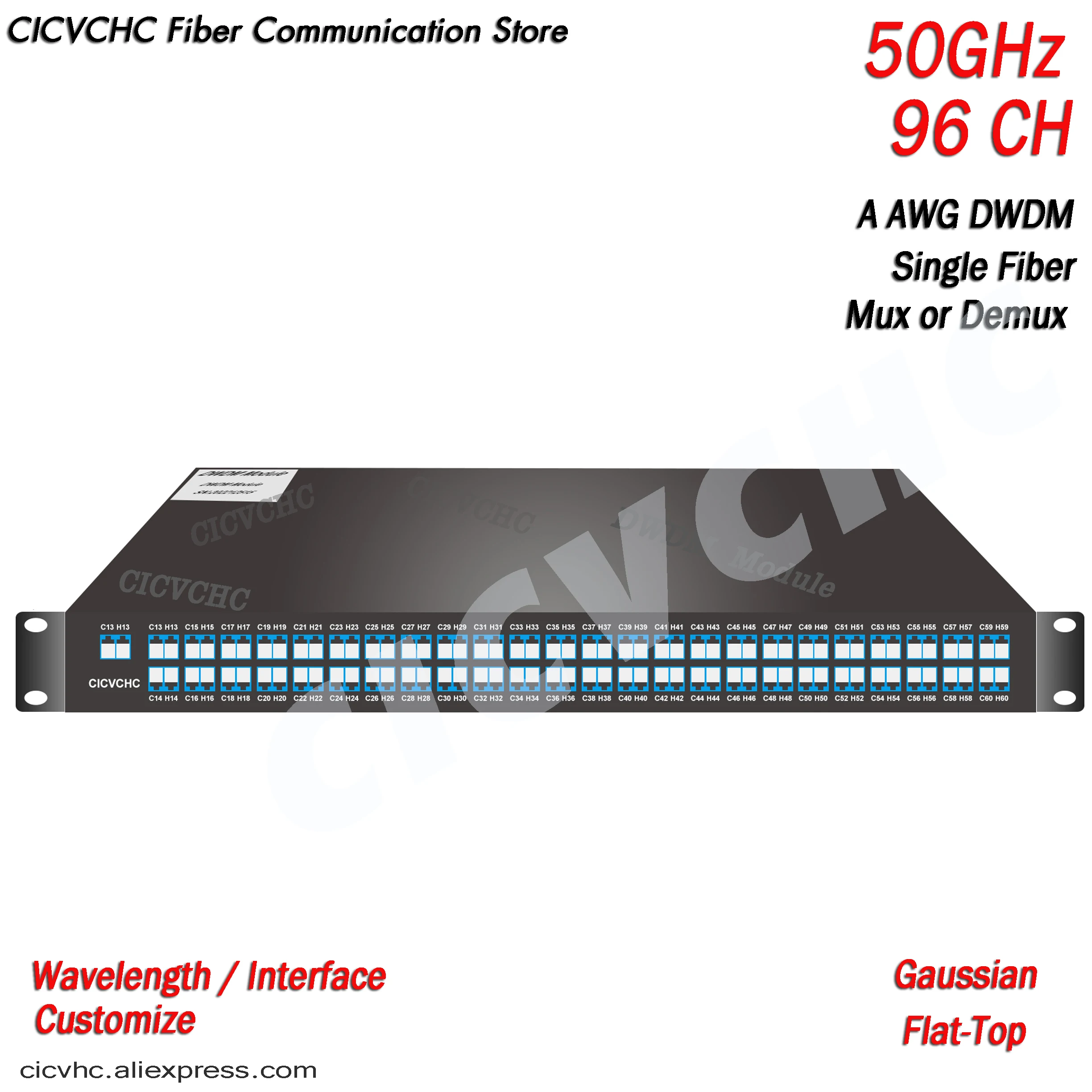 50GHz, 96 Channels DWDM MUX/DEMUX, AAWG, Gaussian or Flat-Top, LC/UPC, Single Fiber 1U Rack