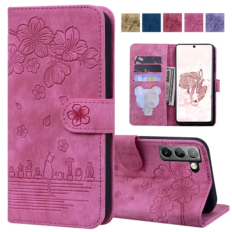 Custodia A Portafoglio Cat Fiore In Rilievo Per Samsung S23 Ultra S23 S22 S21 S20Fe Flip Cover Per Galaxy A13 A14 A24 A34 A54 A23 A33 A53