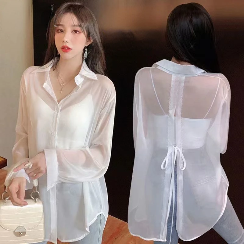 Sexy Sunscreen Shirt Women Shirt Split Design Tie Long Sleeve Lightweight Y2k Tops Korean Fashion Blouse Loose Casual