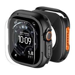 Rugged Protective Metal Case with Tempered Glass Bumper for 49mm Ultra 3 (Black Orange)