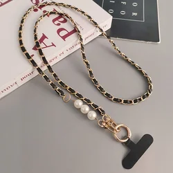 Elegant Universal Phone Lanyard with Pearl Chain and Long Strap Design (Black)