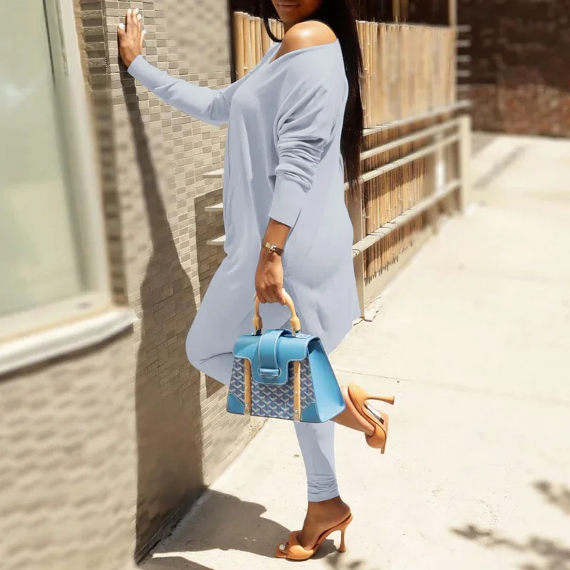 Casual Two-piece Pants Suit Autumn Sportswear Women's Autumn and Winter Double-sided Fleece Shoulder Wide Loose Shoulder Top