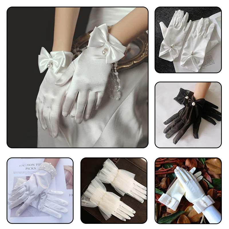 

Elegant White Lace Short Gloves With Bow Wedding Party Bride Full Finger Mittens Summer Sunscreen Gloves For Women Girl
