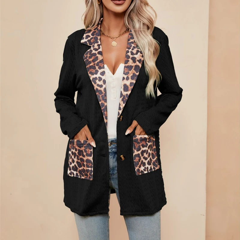 Women's Vintage Leopard Print Patchwork Casual Notched Blazers Autumn Fashion Ladies Long Sleeve Loose Suit Coat Ropa Para Mujer