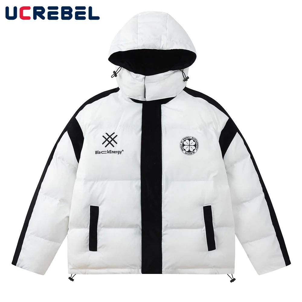

Contrast Paneled Hooded Padded Jacket Mens Letter Print Winter Thick Streetwear Drawstring Hem Bread Jacket Men