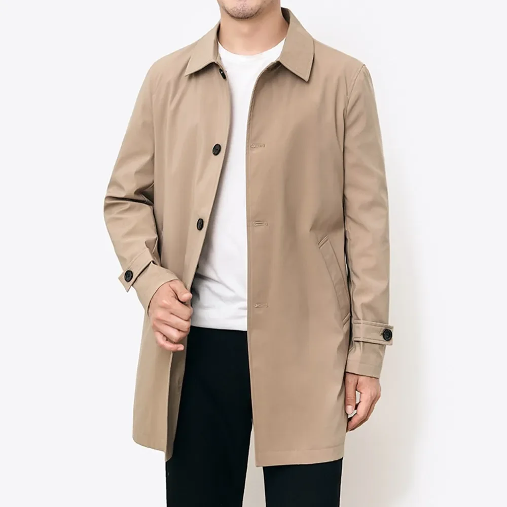 Men's Trench Coat Long Windbreaker Fashion Business Casual Loose Solid England Style Turn Down Collar Jackets