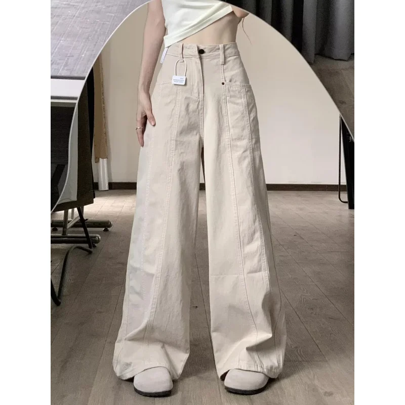 بنطال جينز نسائي من بتصميم ريترو فضفاض عالي الخصر ومستقيم وواسع الساق