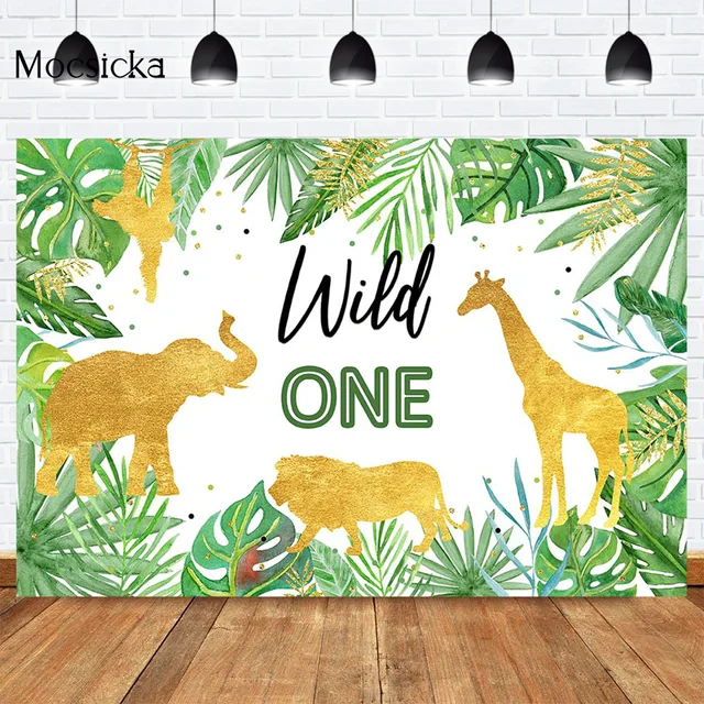 Mocsicka CUSTOM Rainforest Animals Wild One Backdrops Children Happy Birthday Party Photography Background Cake Table Banner 3