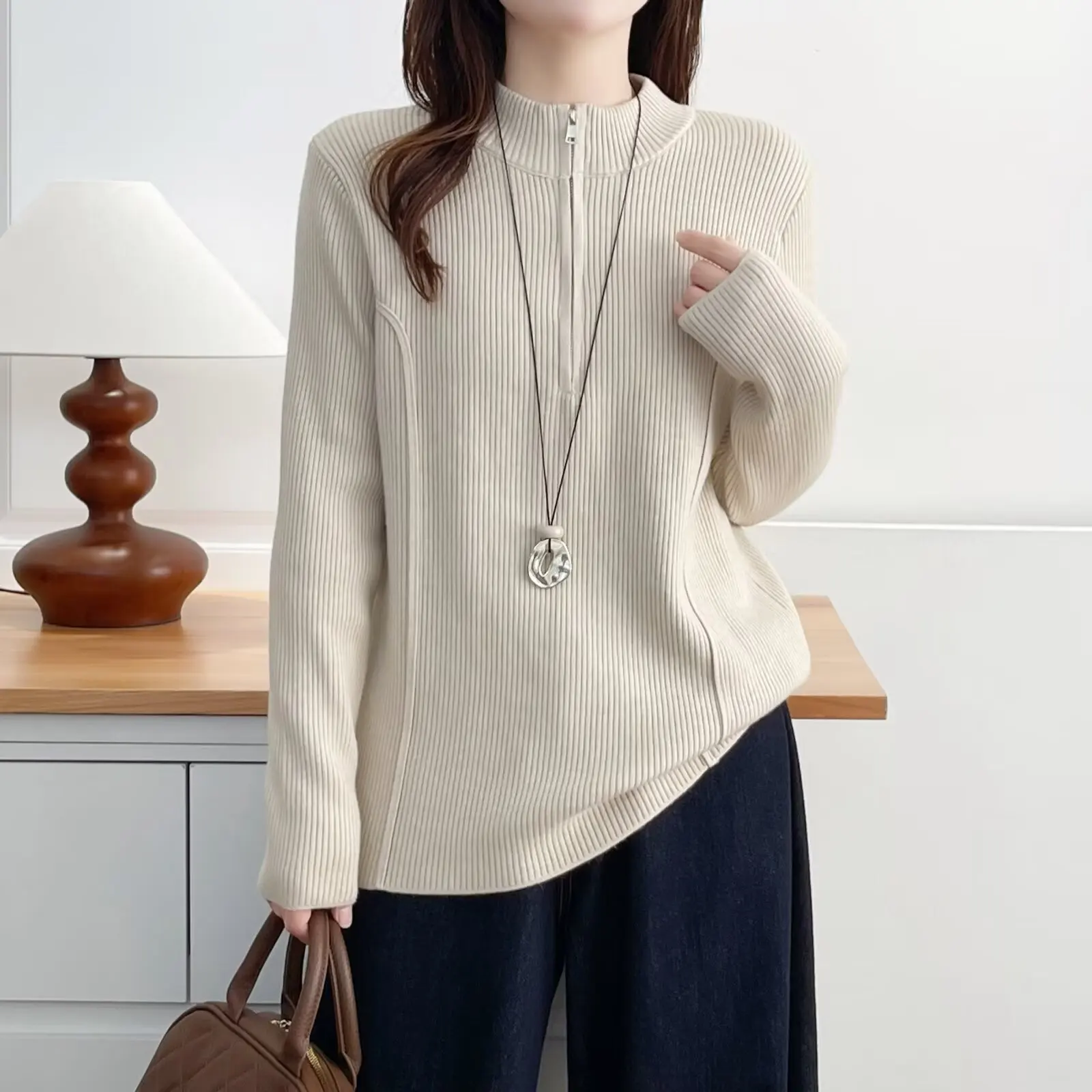 XXXXL Fashion Plus Size Woman Clothing Sweaters New Winter Style Elegant Fleece Mock Neck Knitted Inner Jersey 2074