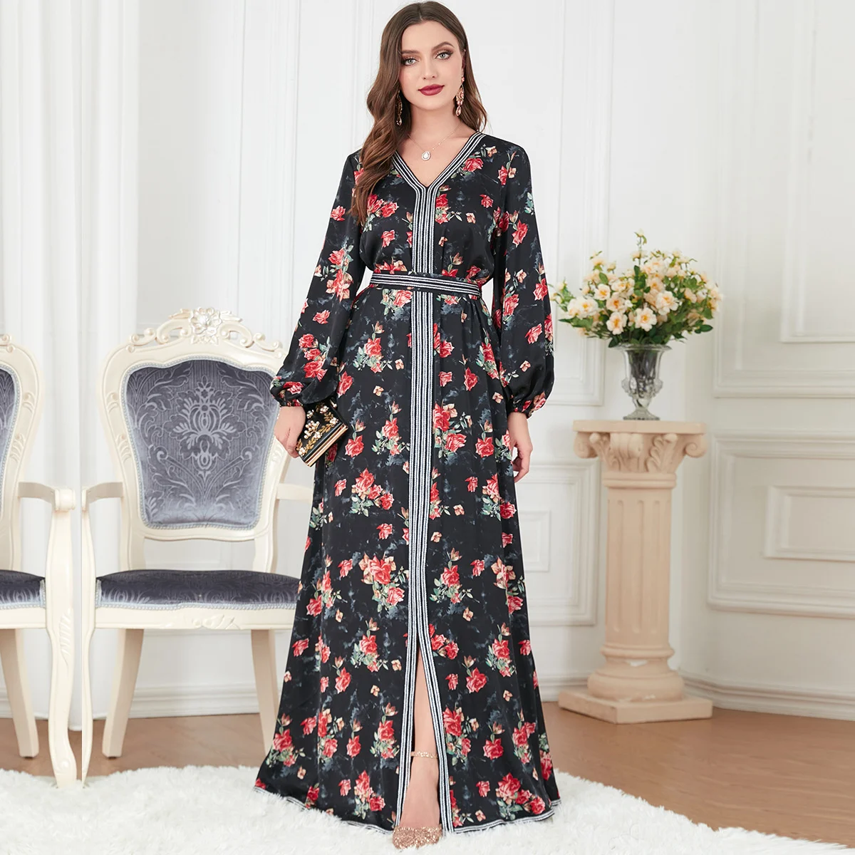 

Turkish Kaftan For Women V-neck Long Sleeve Elegant Long Dress Dubai 2023 Abaya Women Robe Rose Print Female Clothing Fashion