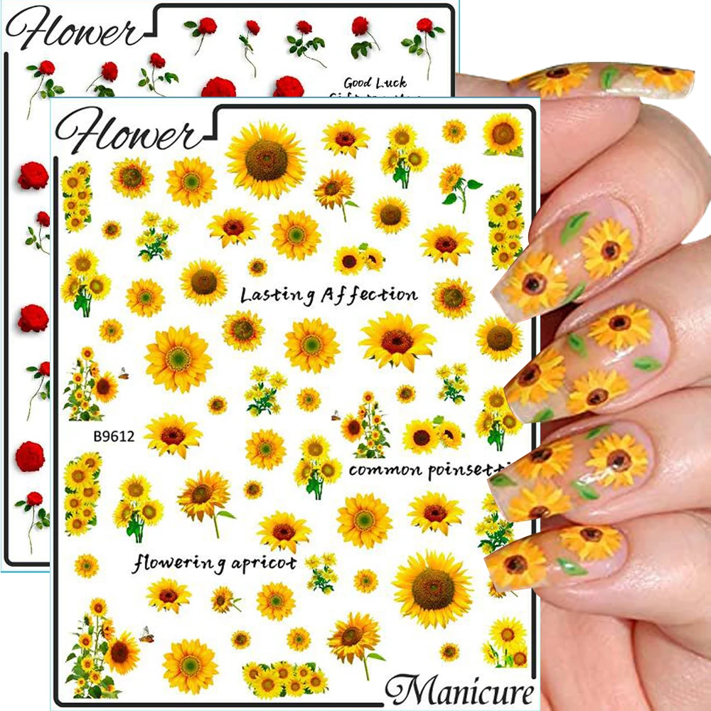 

1 Sheets Sunflower Nail Art Stickers 3D Yellow-Flower Floral Nail Stickers Decal Self-Adhesive Colorful Rose Nail Slider SUN3#2E
