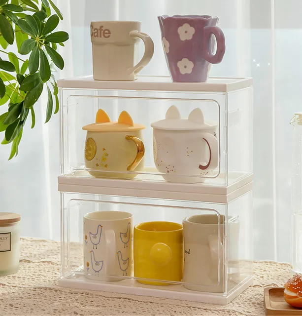 Cup Mug Storage Shelves Acrylic Dust Proof Box Tea Room Table Organizer