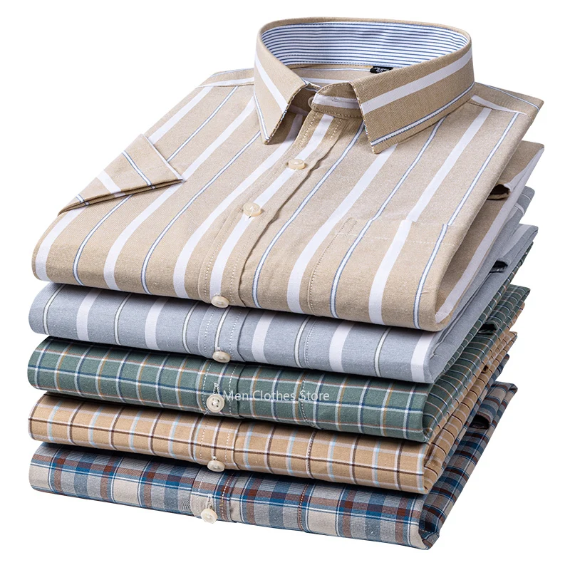 Men's Summer Short Sleeved Shirt Oxford Cotton Plaid Stripe Solid Color Comfortable Breathable Business Leisure Men Clothes 6