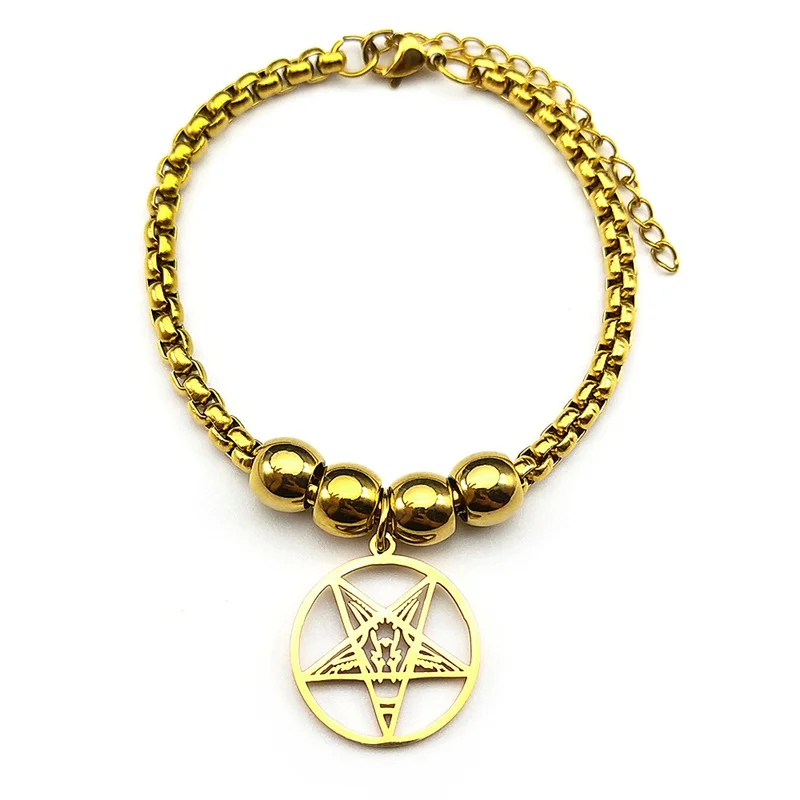 Goth Baphomet Inverse Pentagramm Ziege Armband für Frauen Männer Edelstahl Gold Farbe Satan Luzifer Teufel Hand Kette Schmuck – Detail 9