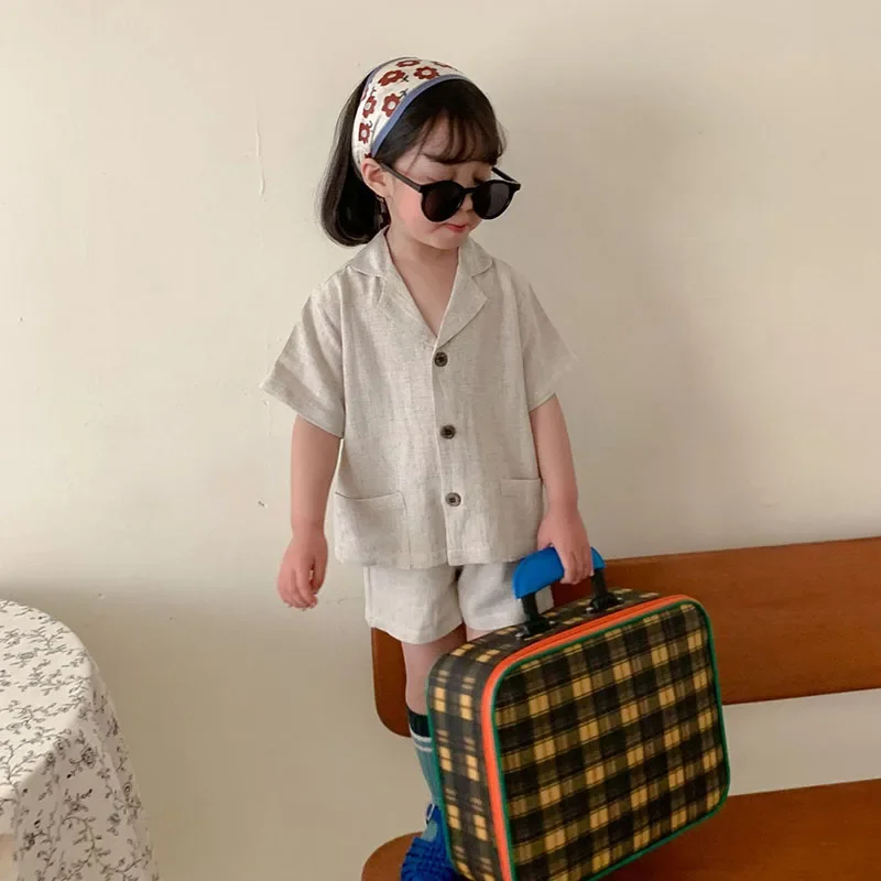 Summer Girls Clothes V-neck Single Breasted Shirt and Linen Shorts 2 Pcs Boys Suit boys clothing set girls clothing set kids clothing set