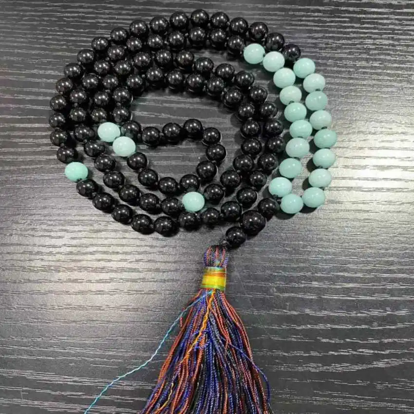 8mm 108 Hand knot black agate blue jade tassel mala necklace Fashion Healing Teenagers Religious Chakra Hipster Prayer Trendy