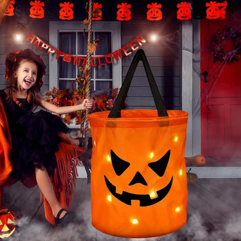 Orange Polyester Halloween Pumpkin Light Up Candy Tote Bag for Kids