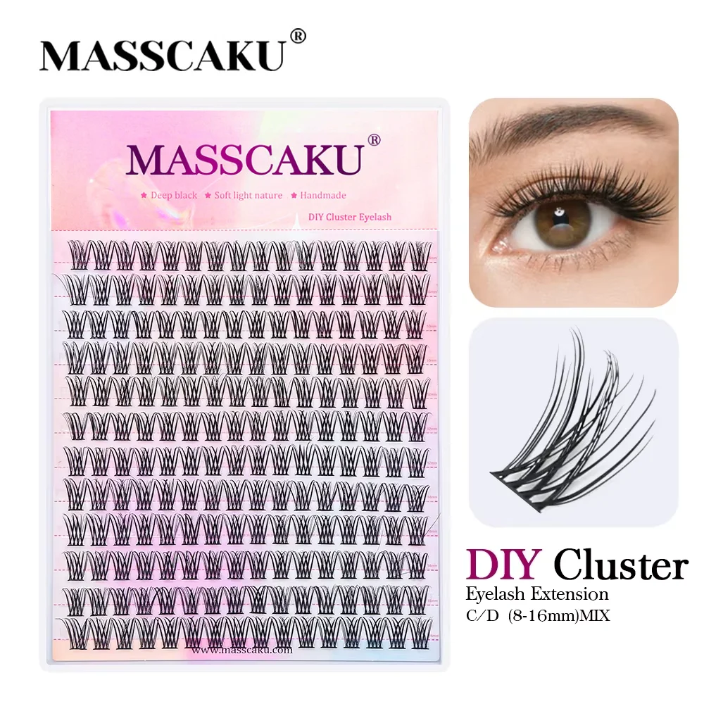 MASSCAKU DIY 120 Stück Cluster-Wimpern 3D Natürliche Bündel 8-16mm D-Curl Segmentierte Einzelwimpern aus Nerz mit feiner Spitze