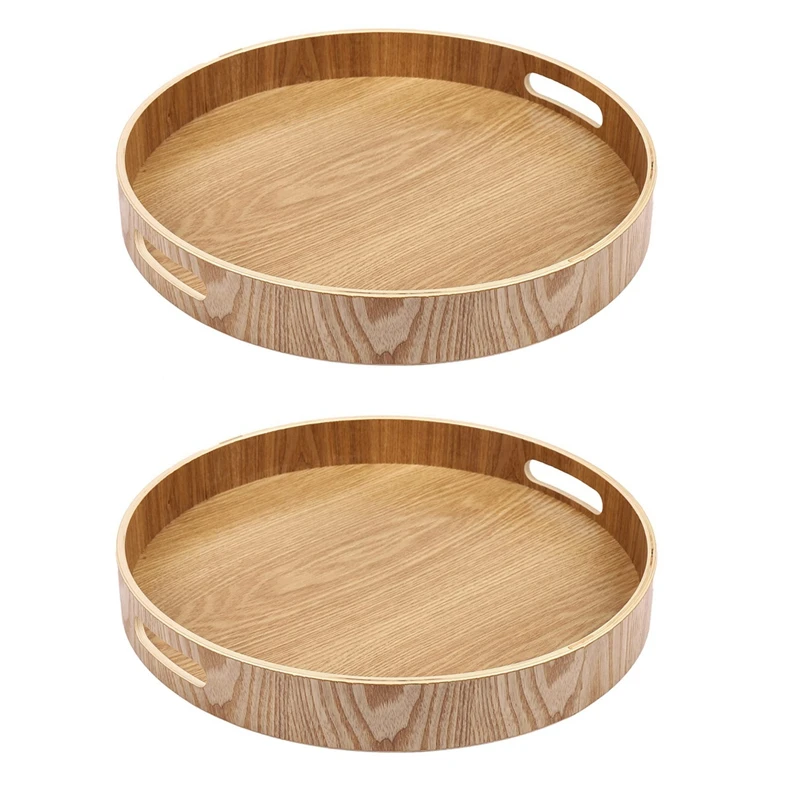 

2X Round Serving Bamboo Wooden Tray For Dinner Trays Tea Bar Breakfast Food Container Handle Storage Tray 3