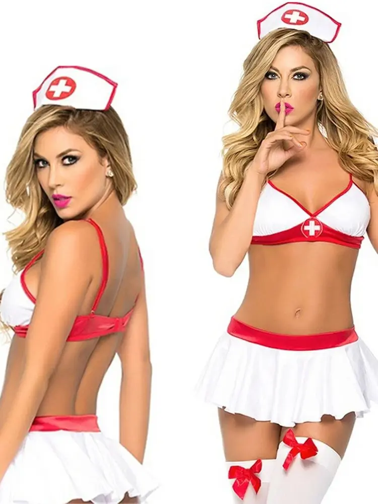 Nurse Roleplay Lingerie Set-Adjustable Crisscross Cap Bow Miniskirt High Knee Stocking Cosplay Lolita lingerie costumes