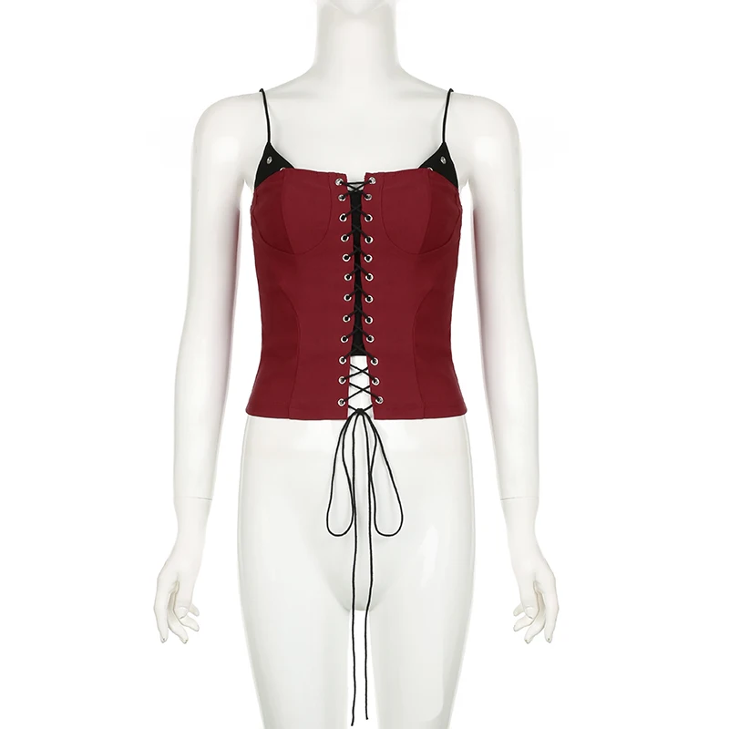 Camisola sexy ajustada con lazo para mujer, con parches en contraste y ojales, estilo retro Y2K, para fiesta y club.