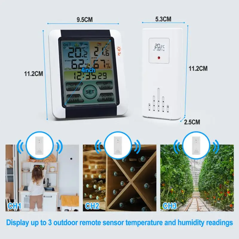 

2023 Digital Weather Station Thermohygrometer Alarm Clock Touch Large Screen Temperature Humidity Monitor With Backlight Sensor