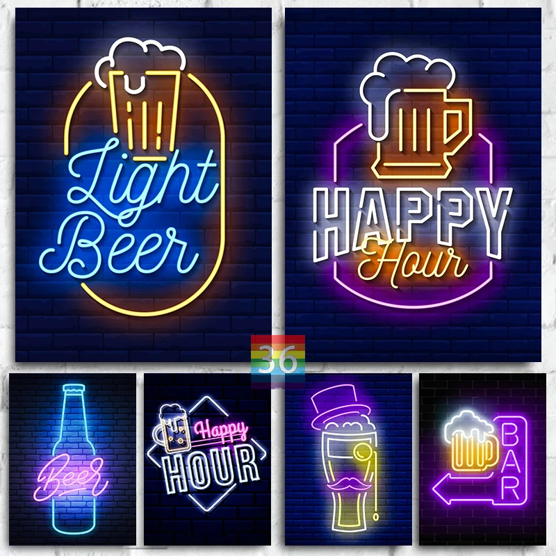 Neon Beer Bar Pub Poster Stampe Su Tela Neon Beer Wall Art Decor Beer Pub Beer Time Wall Decor Bar Home Wall Decoration Men Gift