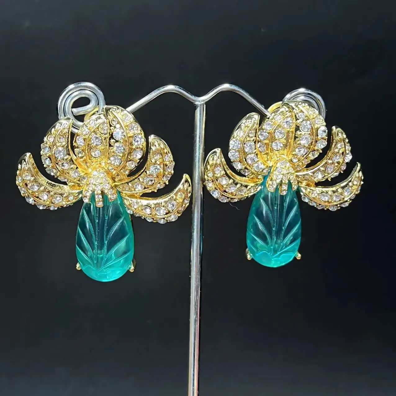 

Vintage Tulip Light Blue Green Flower Crystal Earrings