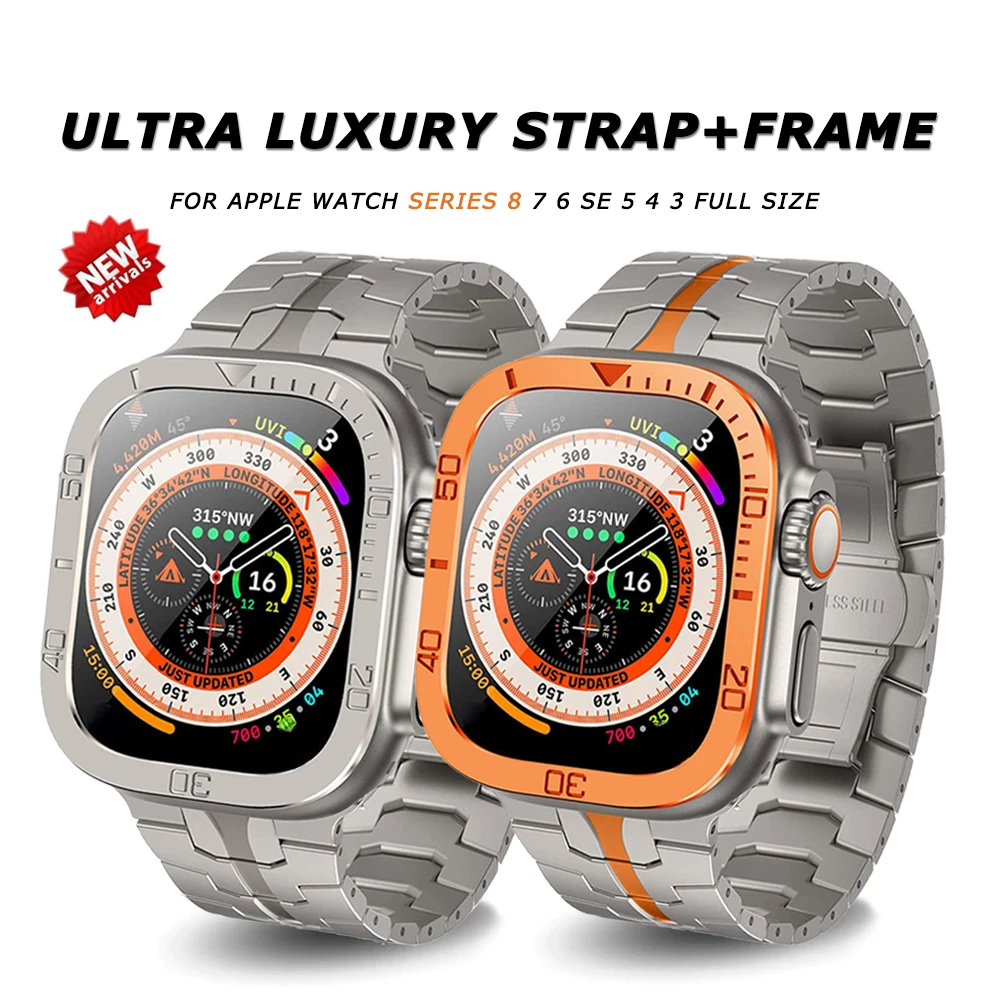 

Luxury Strap+Frame For Apple Watch Ultra 49mm Tempered Screen Protector Metal Cover Bezel For iWatch 49MM Stainless Steel Band
