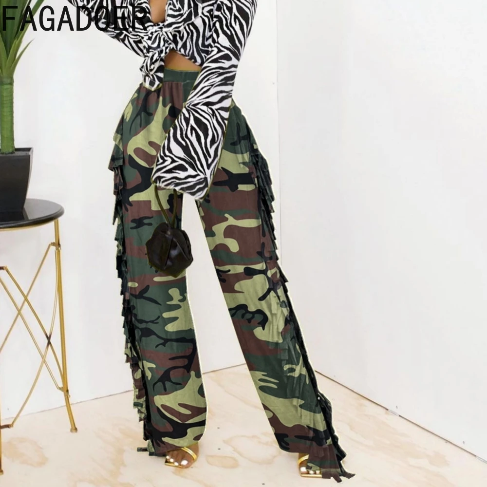 FAGADOER Fashion Camouflage Printing Tassel Wide Leg Pants Women High Waisted Straight Trousers Autumn Casual Matching Bottoms