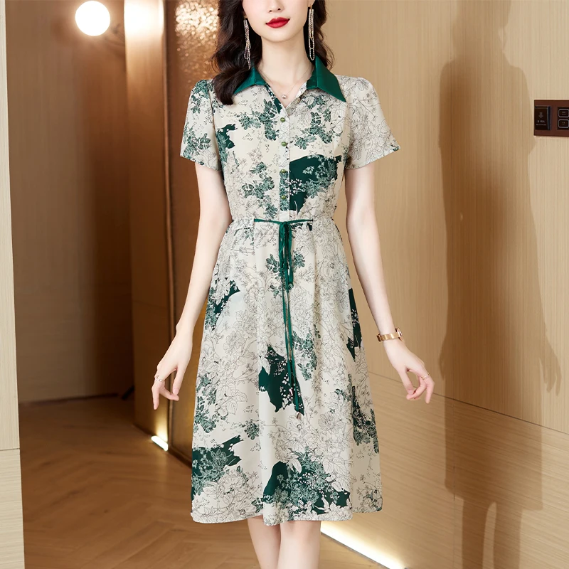 

2023 new lace-up floral dress temperament high-waisted slimming Polo neck MIDI skirt
