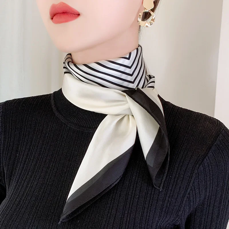 New Fashion Blue Silk Square Streak Scarf Women Satin Neck Hair Tie Band Soft Work Neckerchife Hijab Head Female Foulard 4