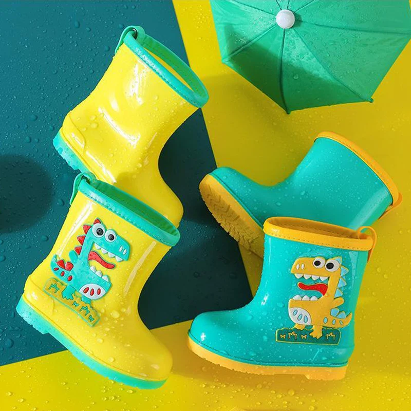 Children Boots Rain Boots Kids Girl 3D Dinosaur Boys Plush Warm Ankle Waterproof Toddler Water