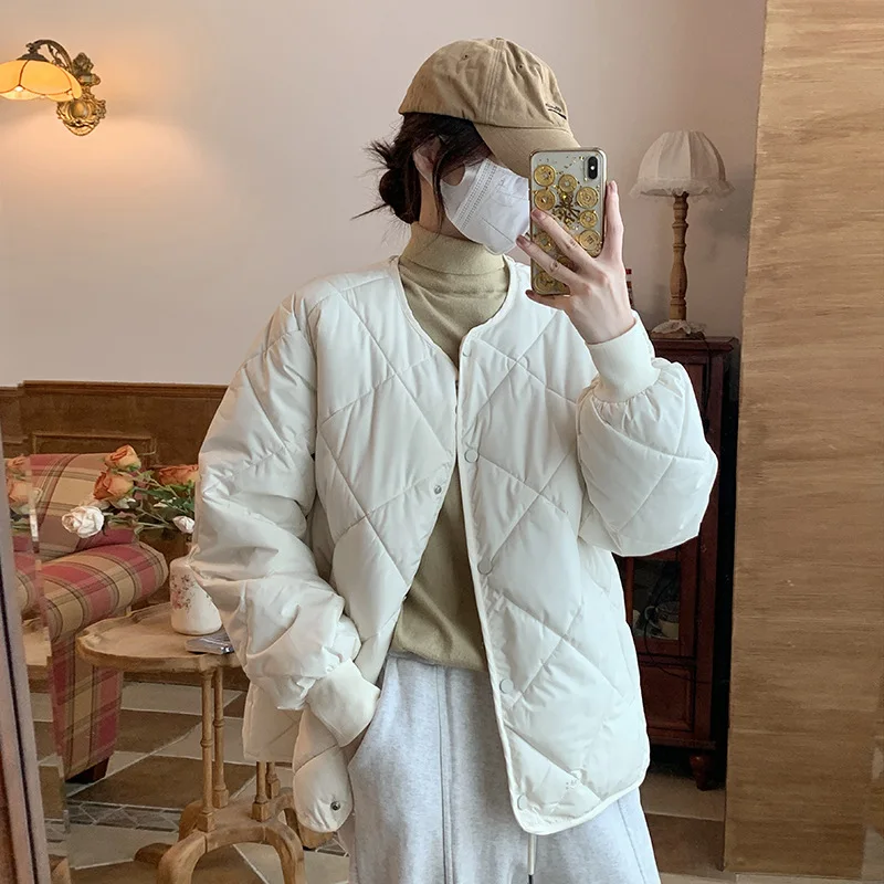 

Women's Spring and Autumn New Down Cotton Suit Women's Short Lightweight Collarless Japanese Diamond Plaid Casual Jacket