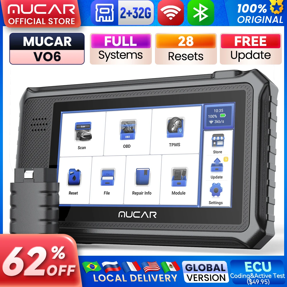 Herramientas de diagnóstico de coche MUCAR VO6, versión Global gratuita de por vida, sistema completo, 28 reinicio, escáner de herramienta de escaneo de Control bidireccional OBD2