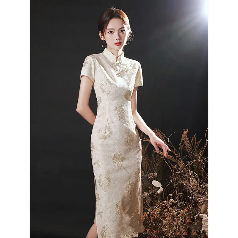 

Женское платье-Ципао на пуговицах, бежевое элегантное облегающее длинное платье ручной работы в китайском стиле, лето 2023