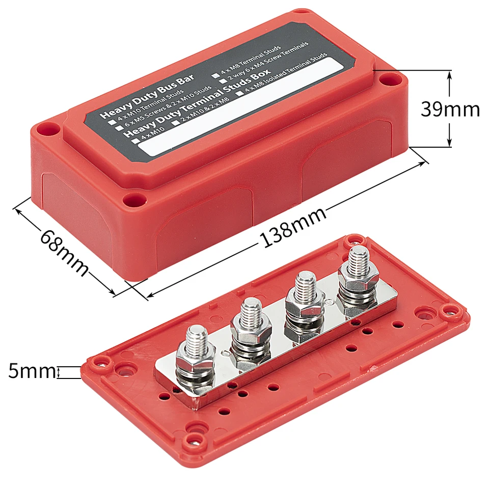 300A AMP Bus Bar Heavy Duty Module Design Power Distribution Block Box 4x M8 5 16 Terminal Studs Marine Automotive Rv Car Truck Black Red - View #5