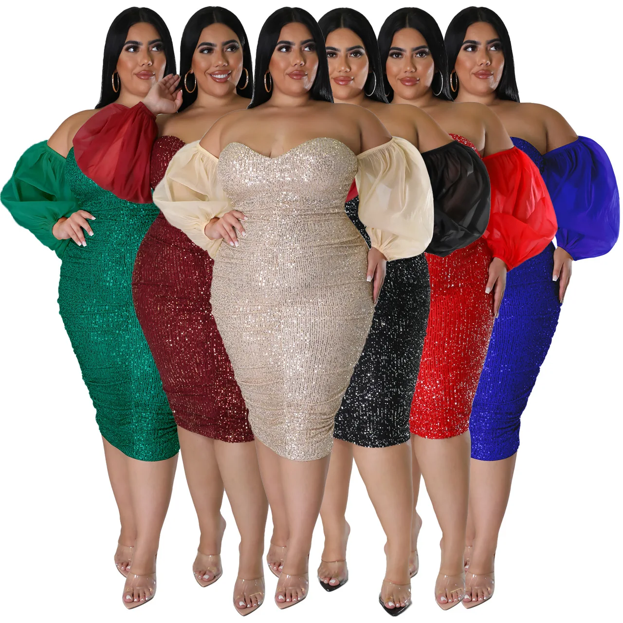 

Sparkle Sequins Strapless Sexy Women Evening Dress Lantern Sleeves Plus Size Party Bodycon Dresses for Birthday Nightclub