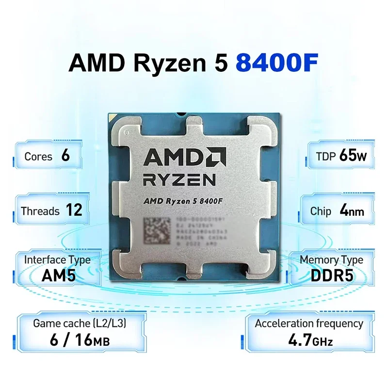 새로운 AMD Ryzen 5 8400F 4.2GHz 4NM L3=16M 프로세서 65W 소켓 AM5 6코어 12스레드 R5 8400F DDR5 (팬 미포함)