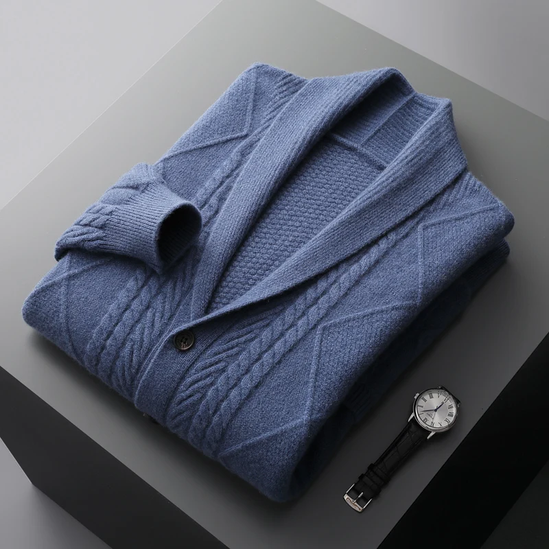 Autumn and winter new 100% pure wool cardigan men's lapel coat high-grade sweater loose business padded coat knitted youth coat 3