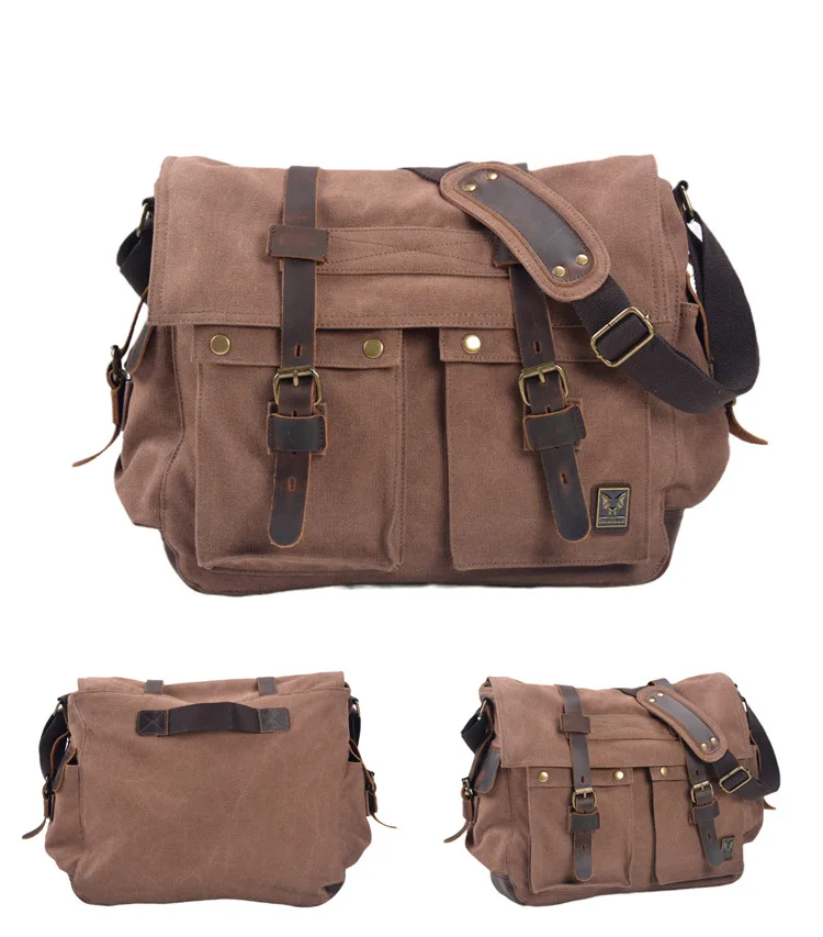 Mens Canvas Leather Messenger Bag - Large Satchel Shoulder Briefcase for Travel and Laptops