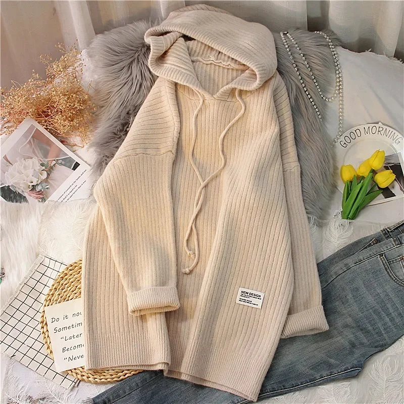 The New Fashion Solid Color Hooded Pullover Knit Sweater For Autumn/winter 2023 Women\'s Loose Medium Long And Thick Women\'s Wear
