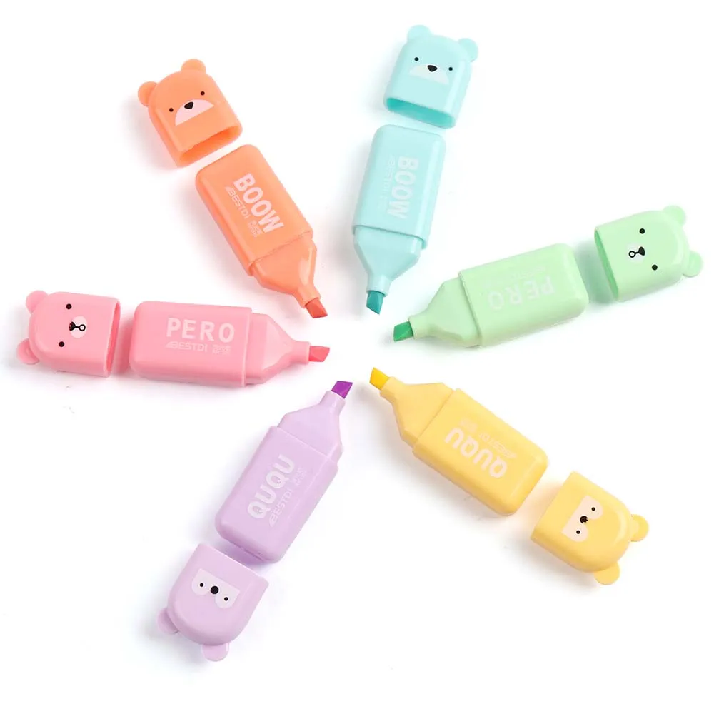 MOTARRO 6 Pcs Kawaii Bear Highlighter Pens Cute Stationery Markers Oblique Tip Candy Color Fluorescent Pastel Pen School Supplie highlighter pen marker pen highlighter marker