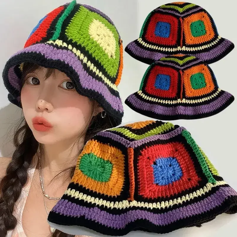 

Women's Handmade Crochet Bucket Hats Y2k Fashion Spring Autumn Hat Korean Hollow Retro Colored Knitted Fisherman Cap Sun Hat