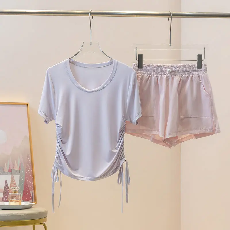 

Sports suit for women's summer badminton, ice silk running and fitness wear, short sleeved quick drying thin yoga suit
